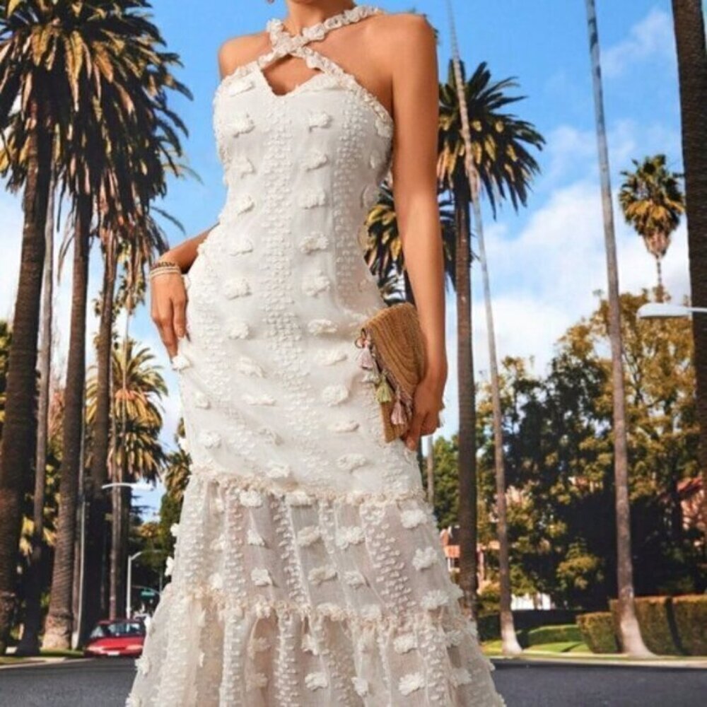 Apricot Casual Womens Cross Halter Neckline Flower Applique Maxi Dress